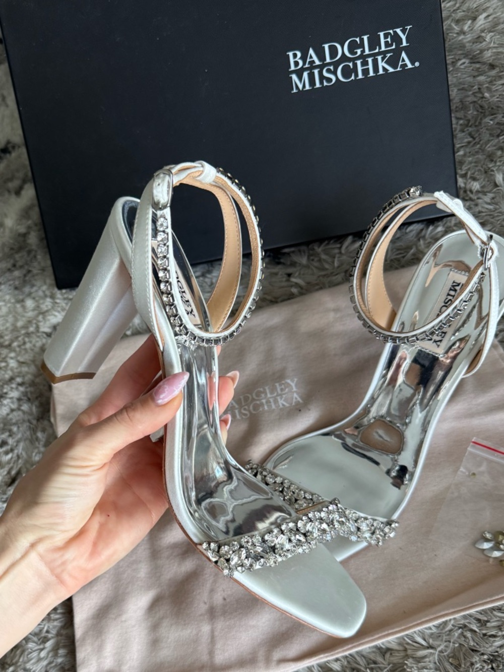 BADGLEY MISCHKA Tasmine jeweled women satin block heels ankle pumps rhinestones